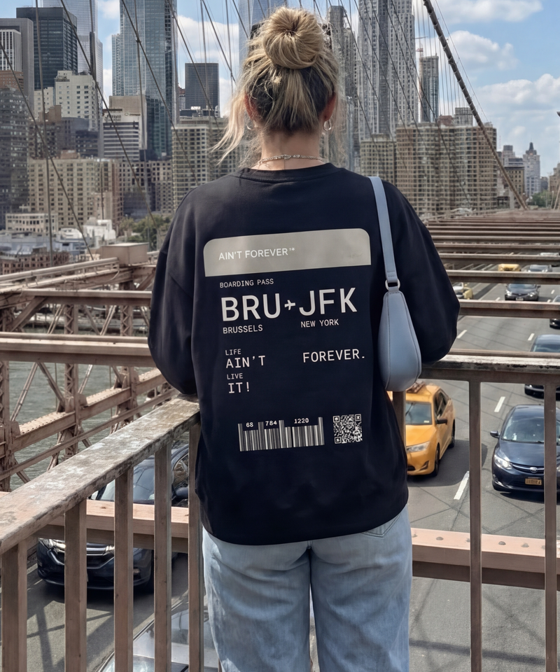 Female model wearing the Boarding Pass Sweatshirt in a product image @model-female